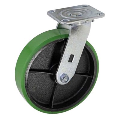 CASTER 8IN GREEN POLY ON IRON SWIVEL